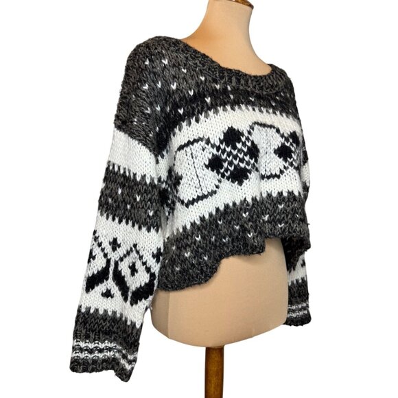 Free People Chunky Knit Fair Isle Black & White Cropped Sweater Medium - Picture 2 of 7